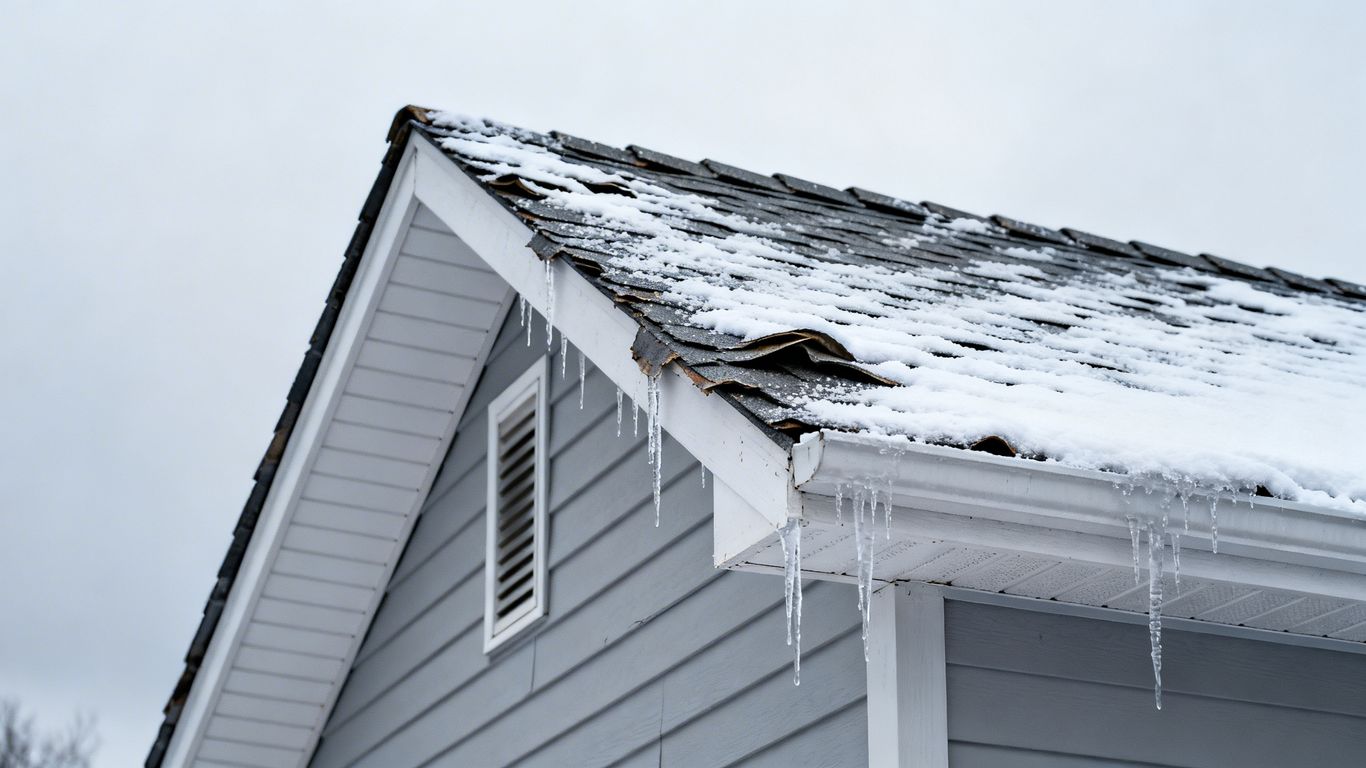 Snow-covered roof with icicles and damaged shingles.