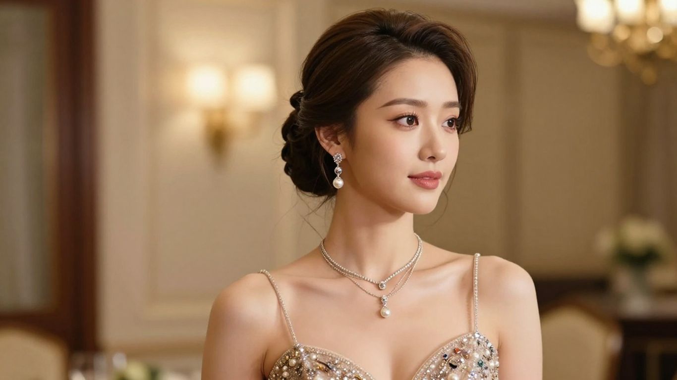 Bride wearing layered jewellery with cocktail gown