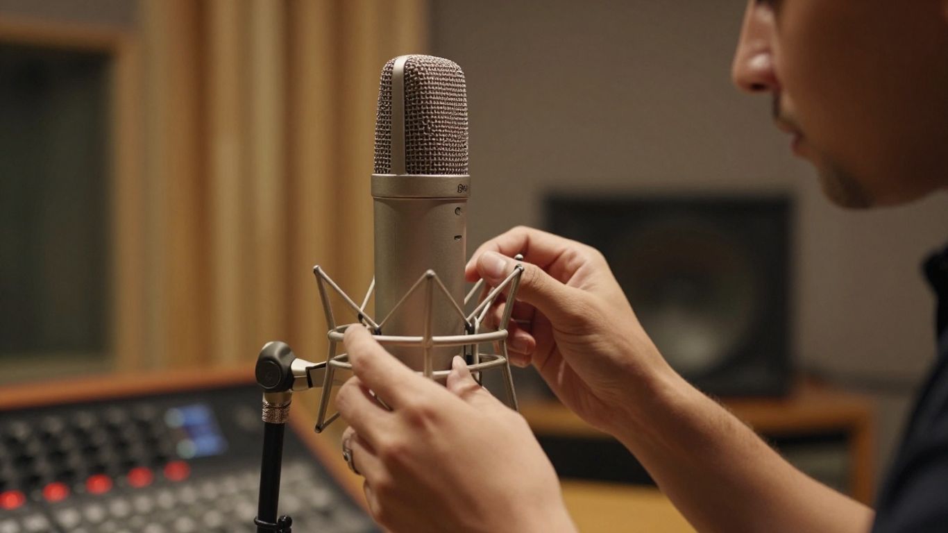 Audio engineer adjusting a professional microphone in a studio.