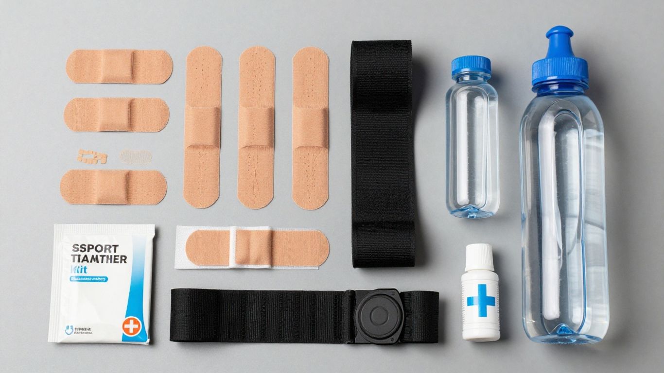 Sports trainer kit with bandages, tape, and water bottle.