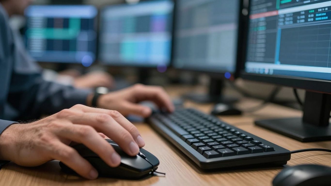 Trader's hands working quickly at a computer.