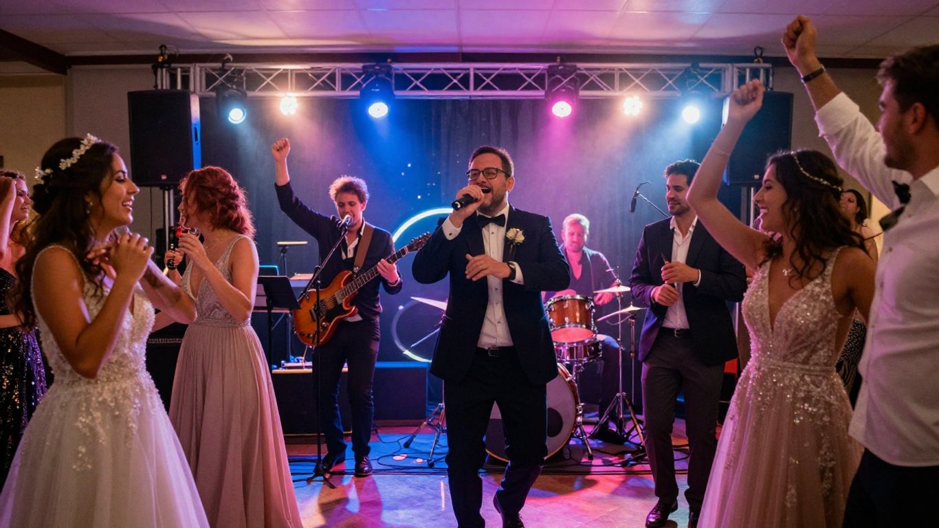 Wedding band performing live for dancing guests.