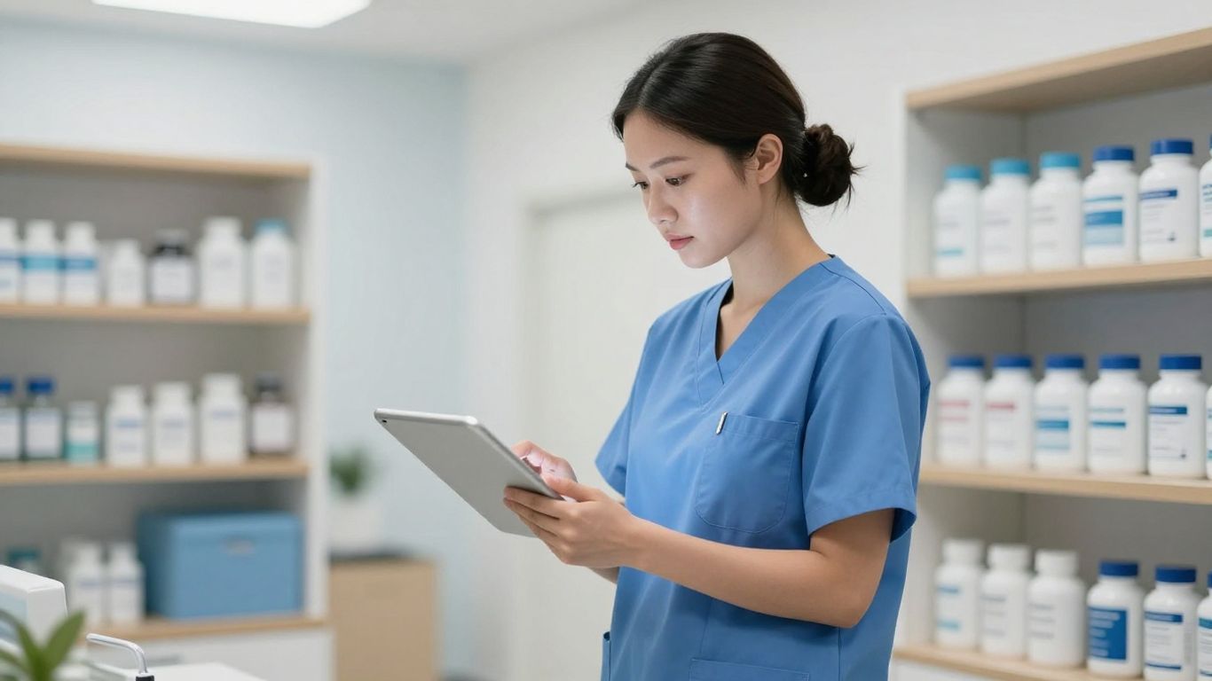 Healthcare professional checking digital shift dashboard