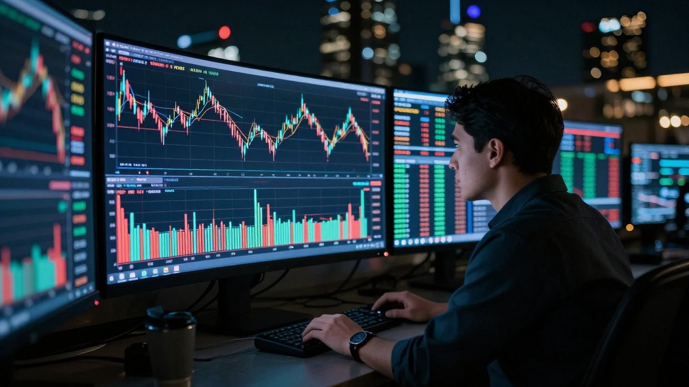 Nighttime Australian cityscape with financial trading data.