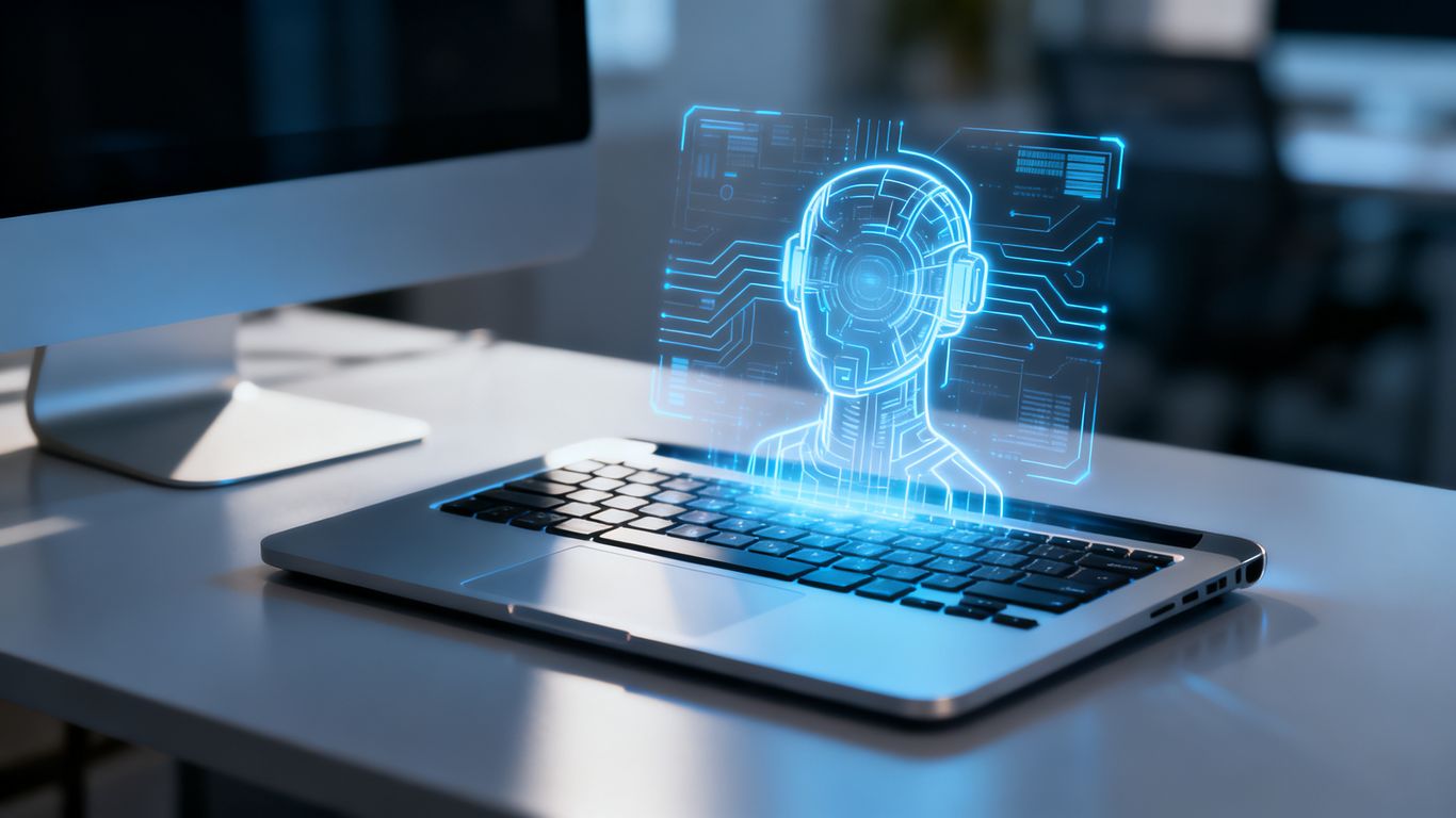 Computer with glowing AI interface above keyboard.