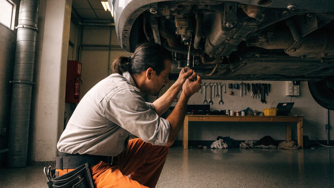 Technician inspecting transmission components in a workshop
