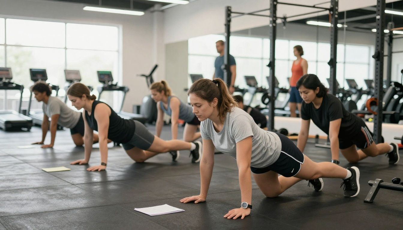 A diverse group of adults tracking strength training progress in a bright, modern gym, with workout notes and weights visible but no text or letters
