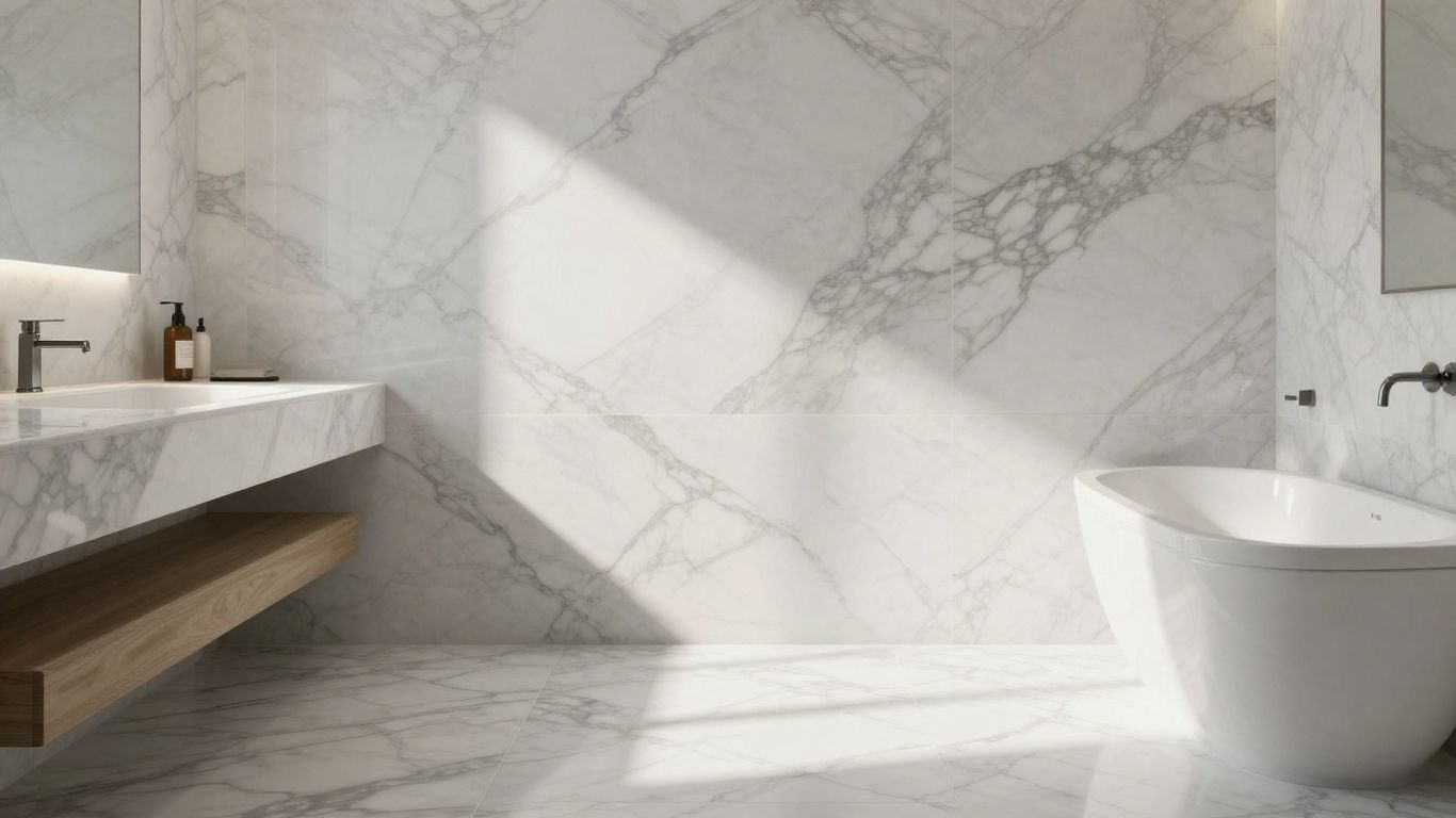Marble floor and wall tiles in a bathroom.