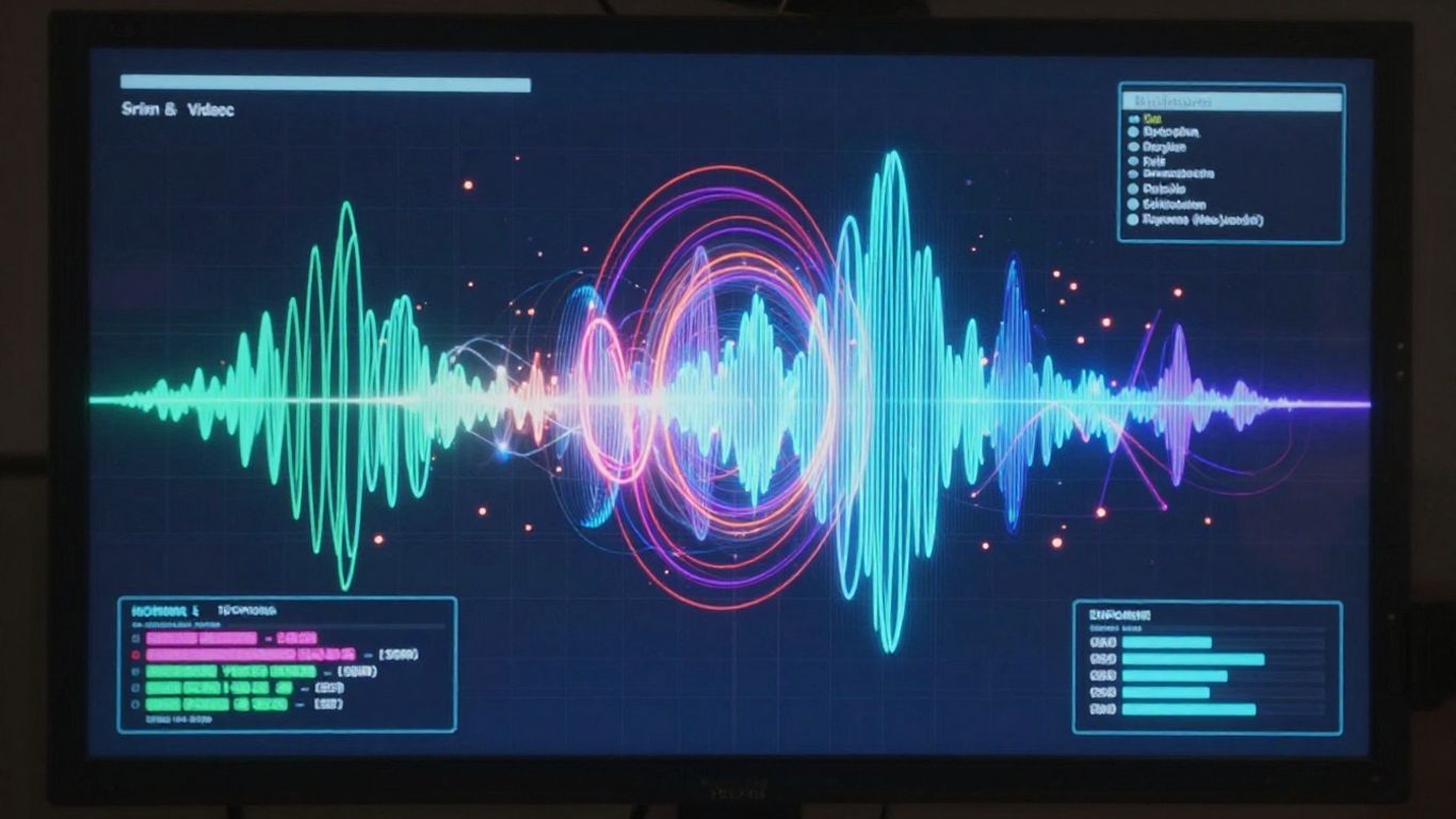 AI music video creation interface with waveforms.