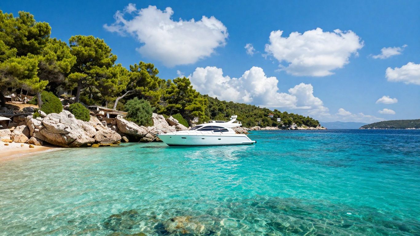 Yacht anchored in a clear turquoise bay on Vis Island, Croatia.