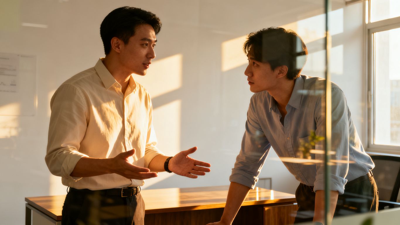 A professional discussion occurring between two staff