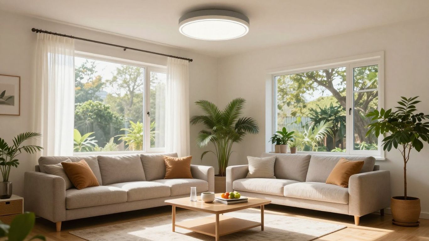 Bright living room with energy-efficient LED lighting.