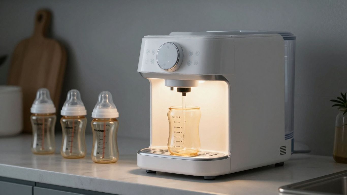 Máquina moderna para hacer biberones en una cocina limpia.