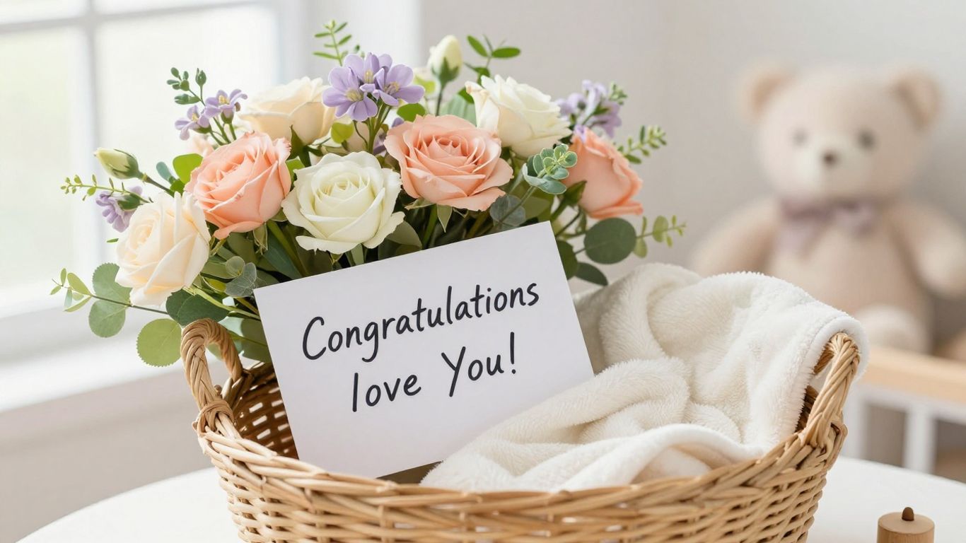 Pastel bouquet beside newborn keepsakes