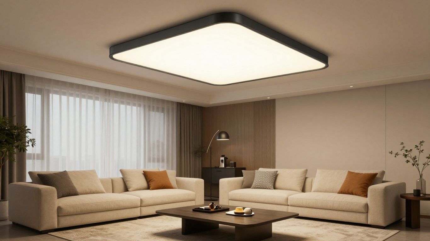 Modern living room with a black ceiling light.