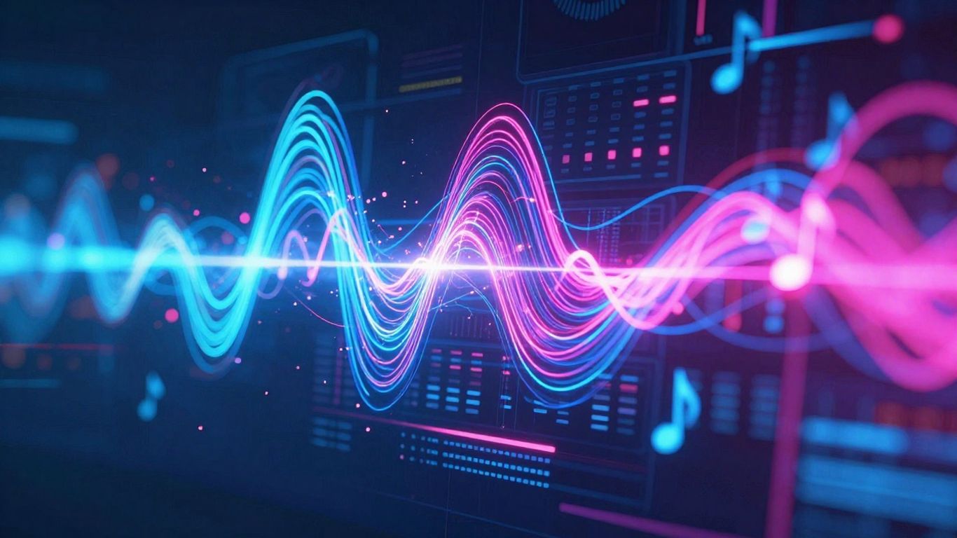 Abstract soundscape with musical notes and waveforms.