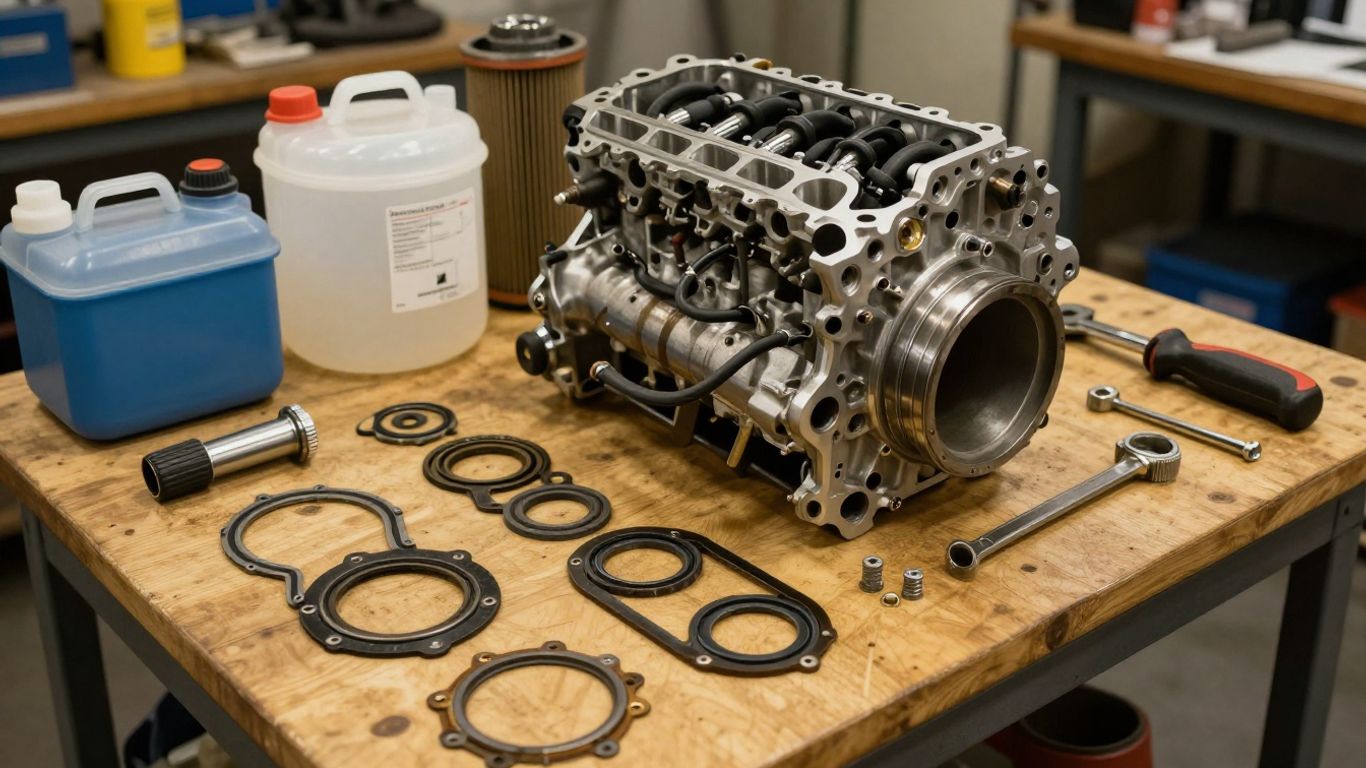 Engine replacement parts arranged beside repair tools