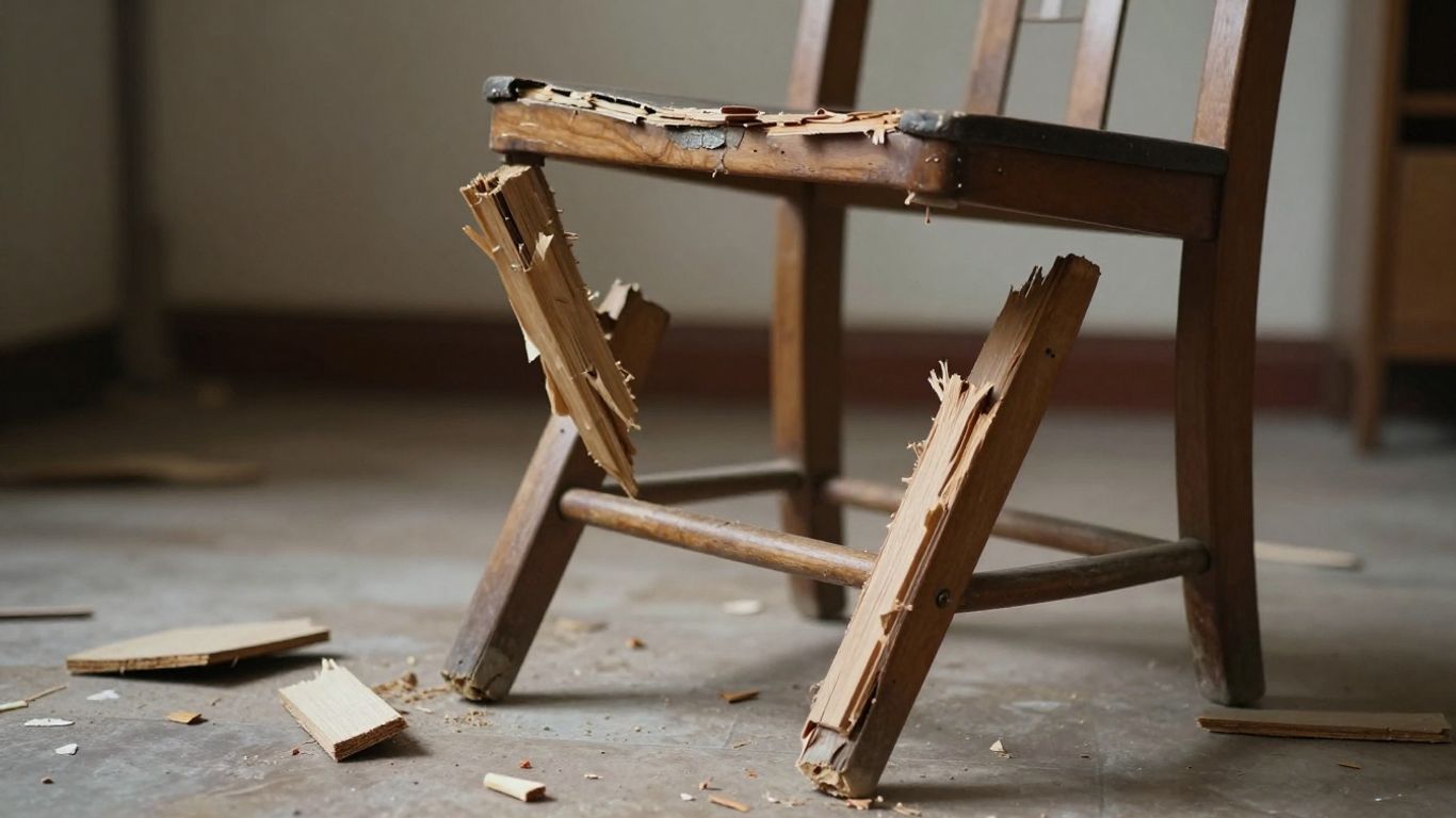 Broken Airbnb furniture with splintered wood and cracked seat.