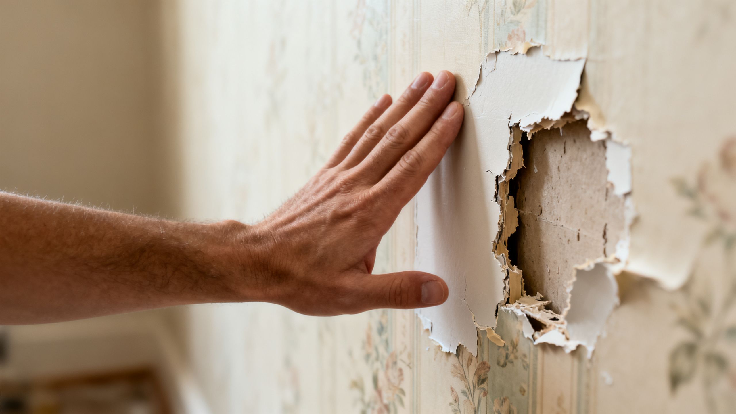 Hand tap-testing the wall around a wallpaper-removal patch to check whether the plaster sounds solid or hollow