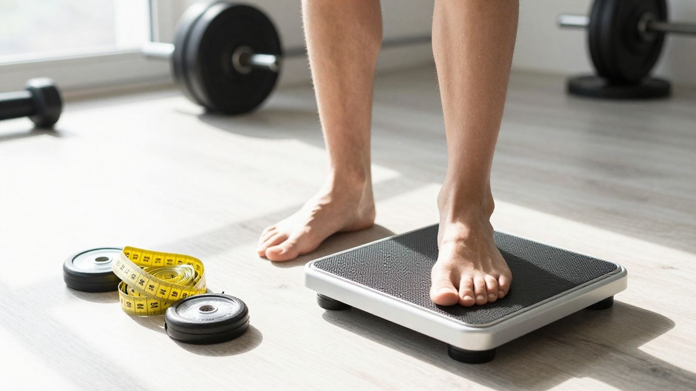 Person on scale with measuring tape.