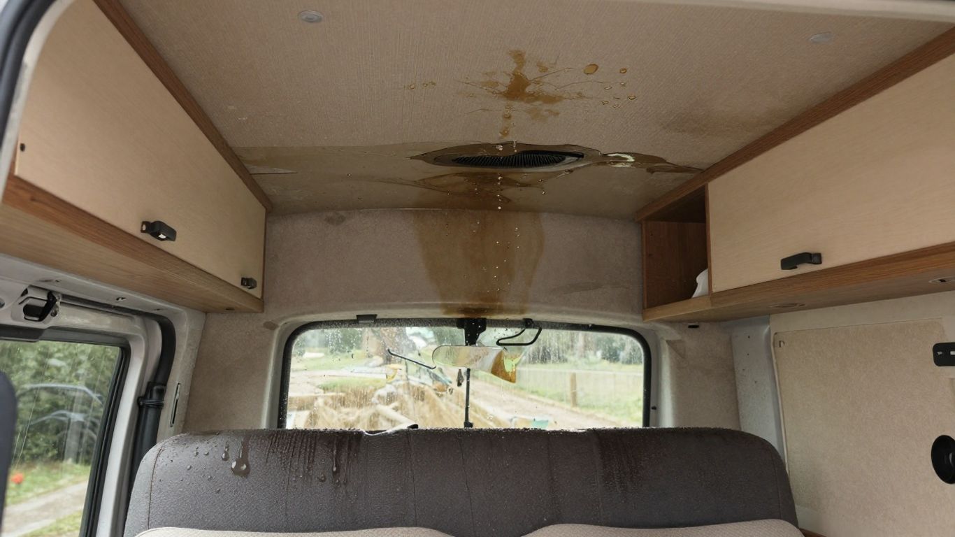Camper van interior with water damage.