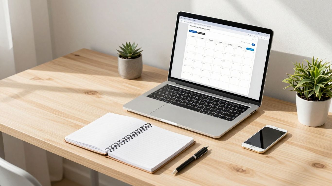 Content calendar on a laptop screen.