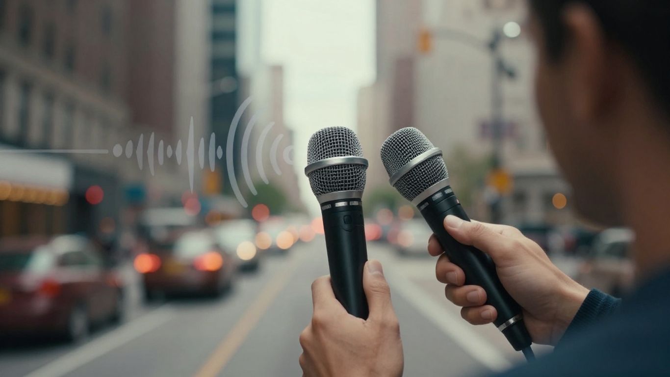 Persona grabando podcast con micrófono y ondas sonoras.