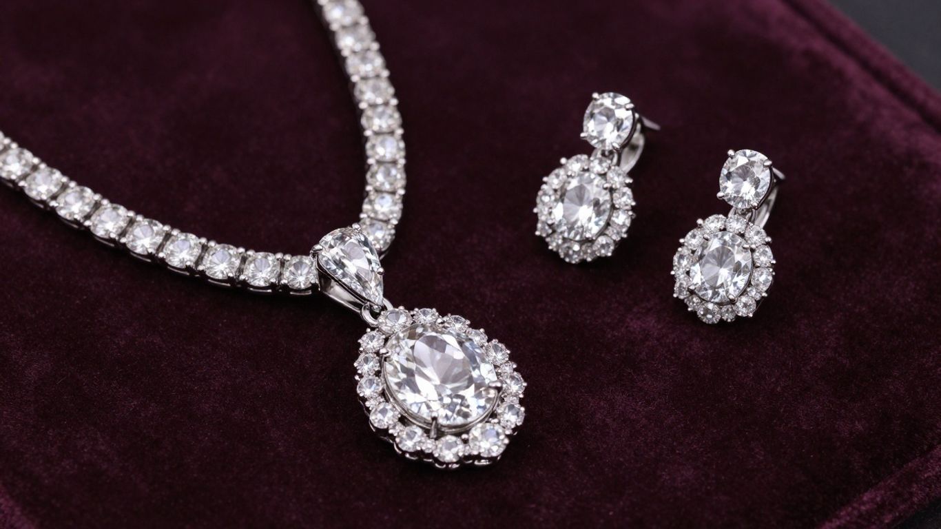 Luxury diamond necklace and earrings on velvet.