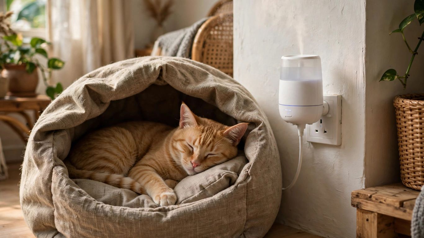 Cat resting in a familiar hideaway near a plug-in diffuser