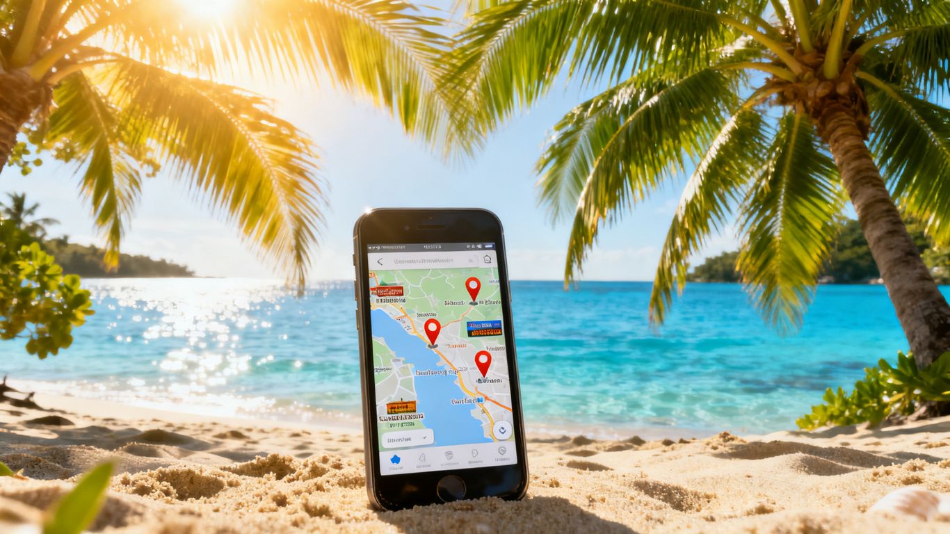 Summer beach with phone showing local map pins.