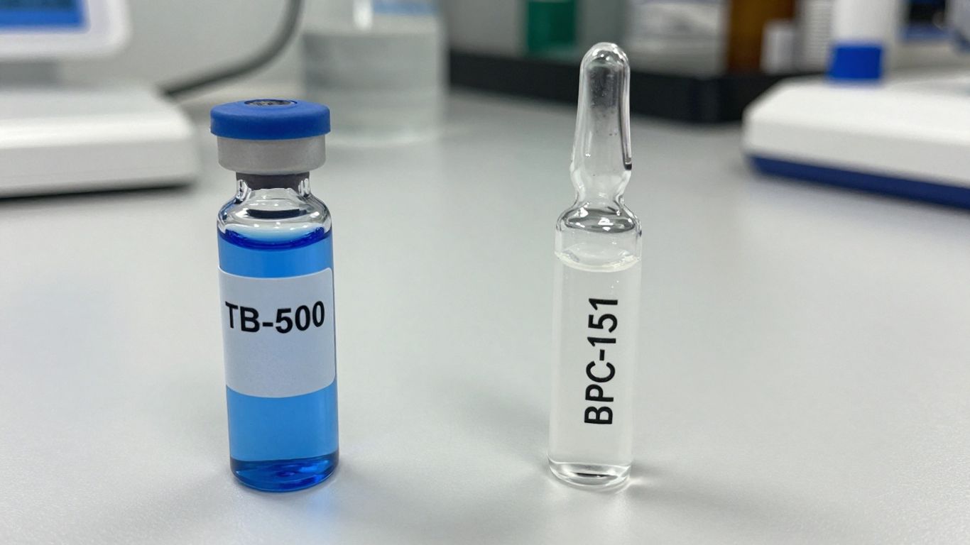 Two research peptide vials, TB-500 and BPC-157.