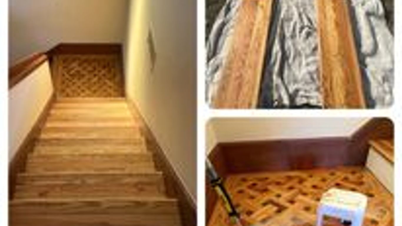 Stairs with wooden flooring and decorative patterns showcased.