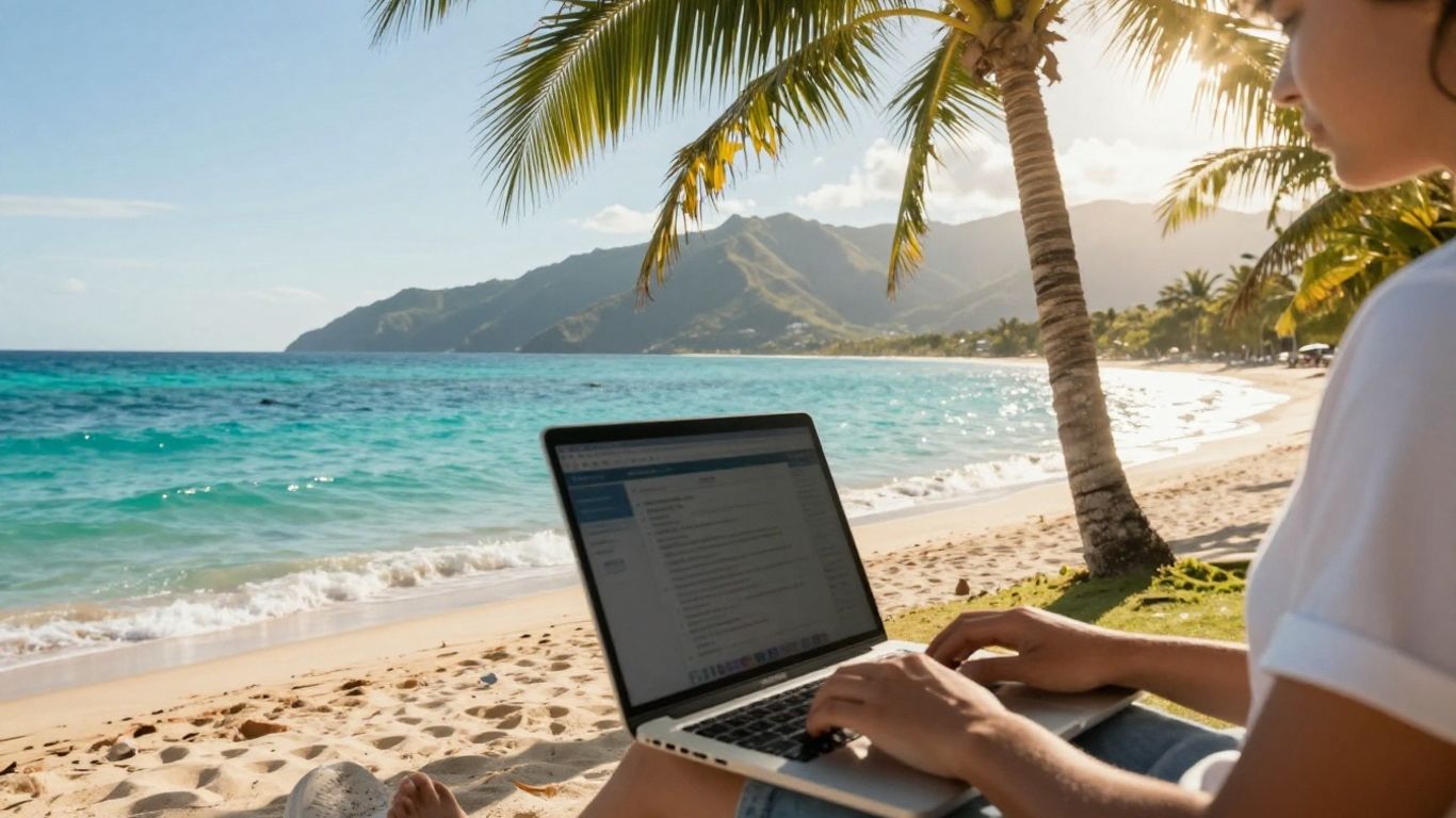Person working on laptop on a tropical beach.