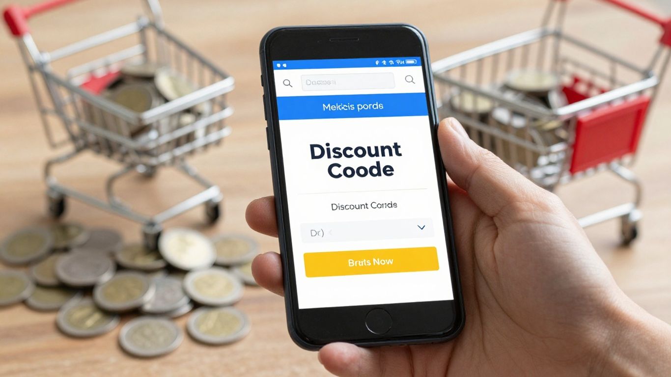Discount code on a smartphone screen with coins.