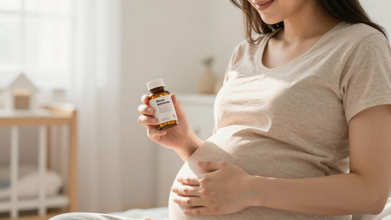 Mulher grávida com vitaminas e ômega-3.