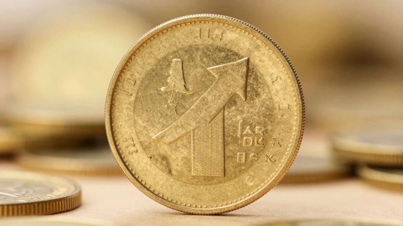 Golden coin with upward arrow, symbolizing profit growth.