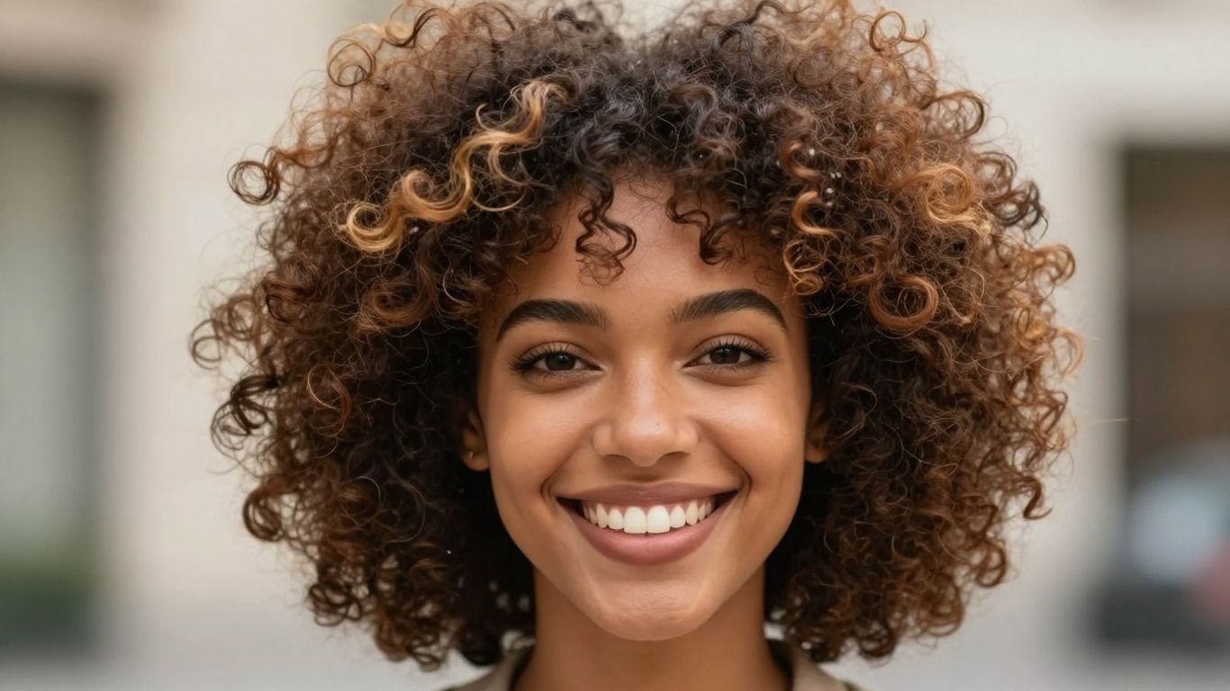 Woman with healthy, styled natural hair smiling.