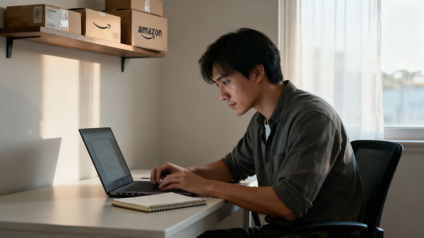 Seller reviewing Amazon campaign performance at a desk