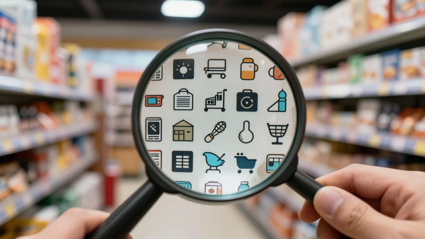 Magnifying glass over product icons, Amazon niche analysis