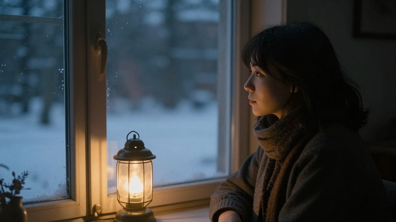 Person blickt aus Fenster in winterliche Landschaft