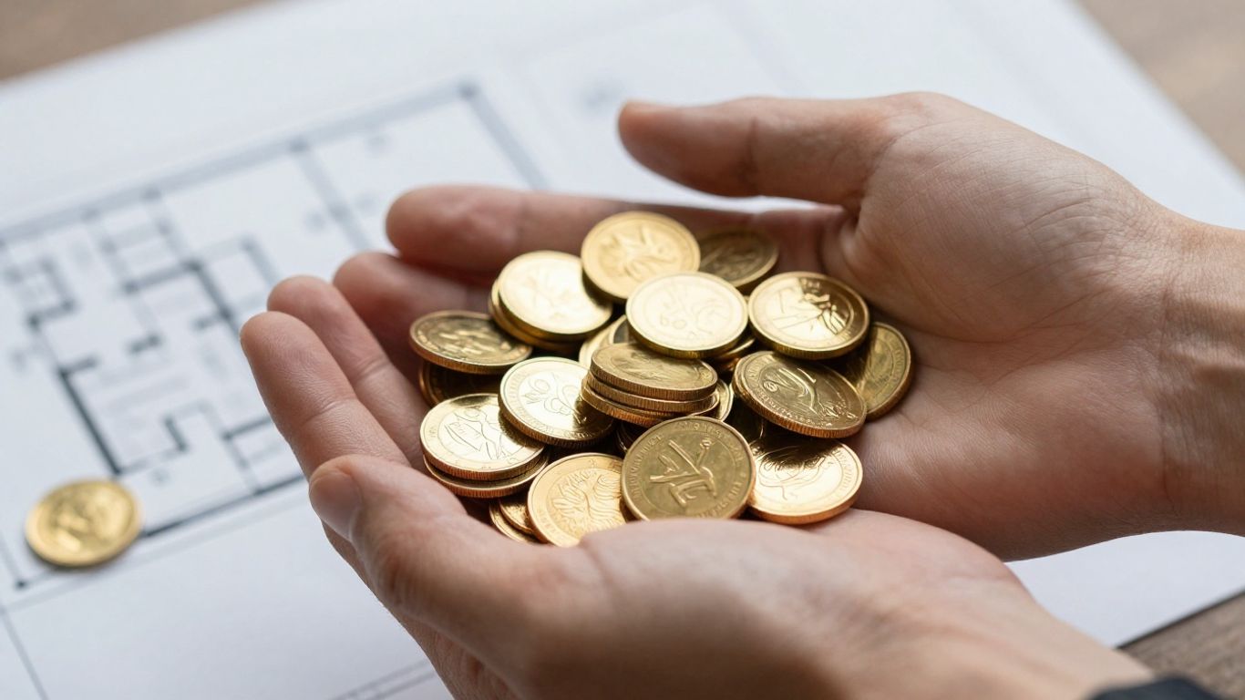 Mains tenant de l'or avec un plan de projet flou derrière.