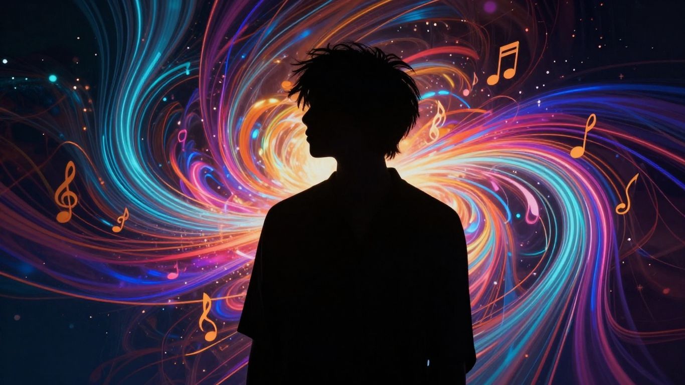 Musician silhouette with AI-generated abstract visuals.