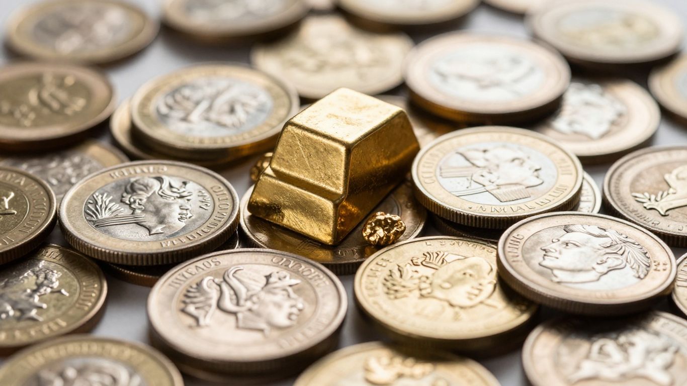 闪亮的金条和银币。