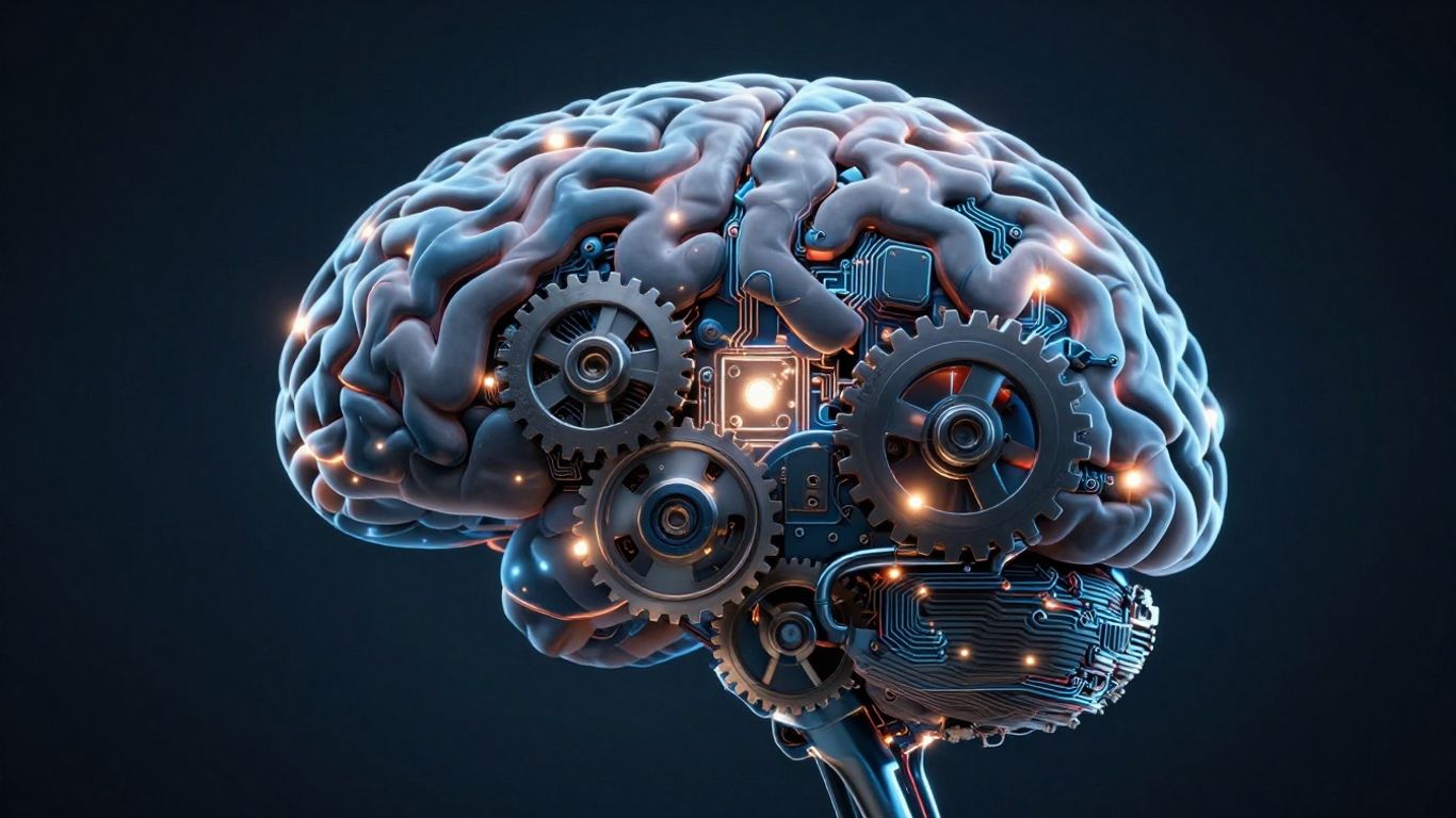 AI cost optimization with glowing circuits and gears.