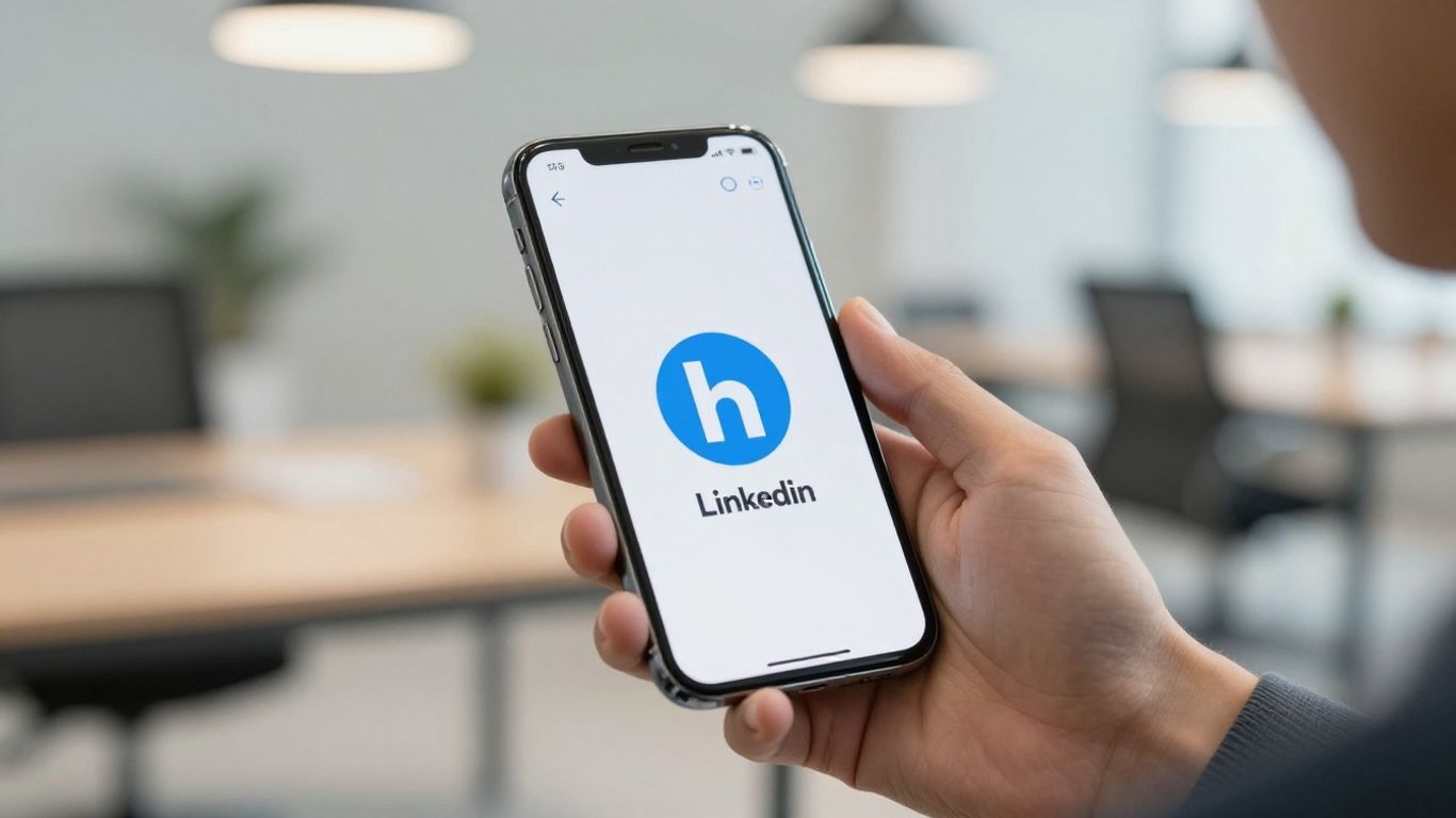 Hands holding smartphone with LinkedIn app open.