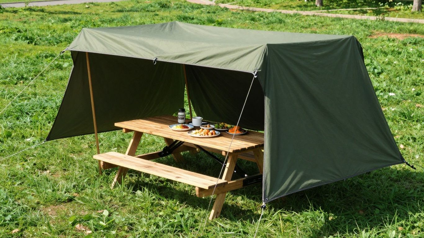 Canvas tarpaulin protecting outdoor picnic area.