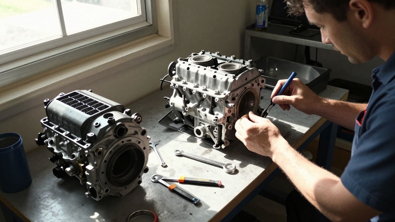 Mechanic working on a Mazda engine in a garage.