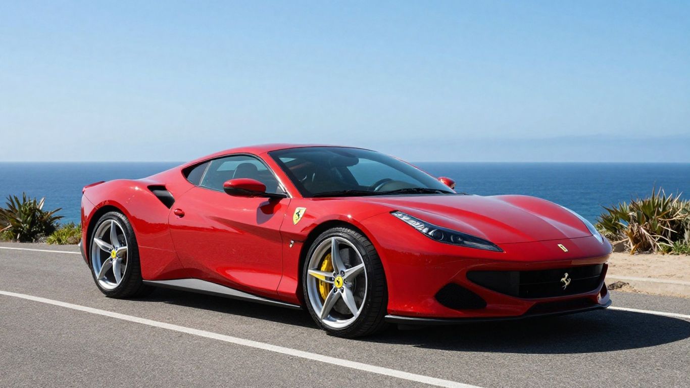 Red Ferrari Portofino on a coastal road.