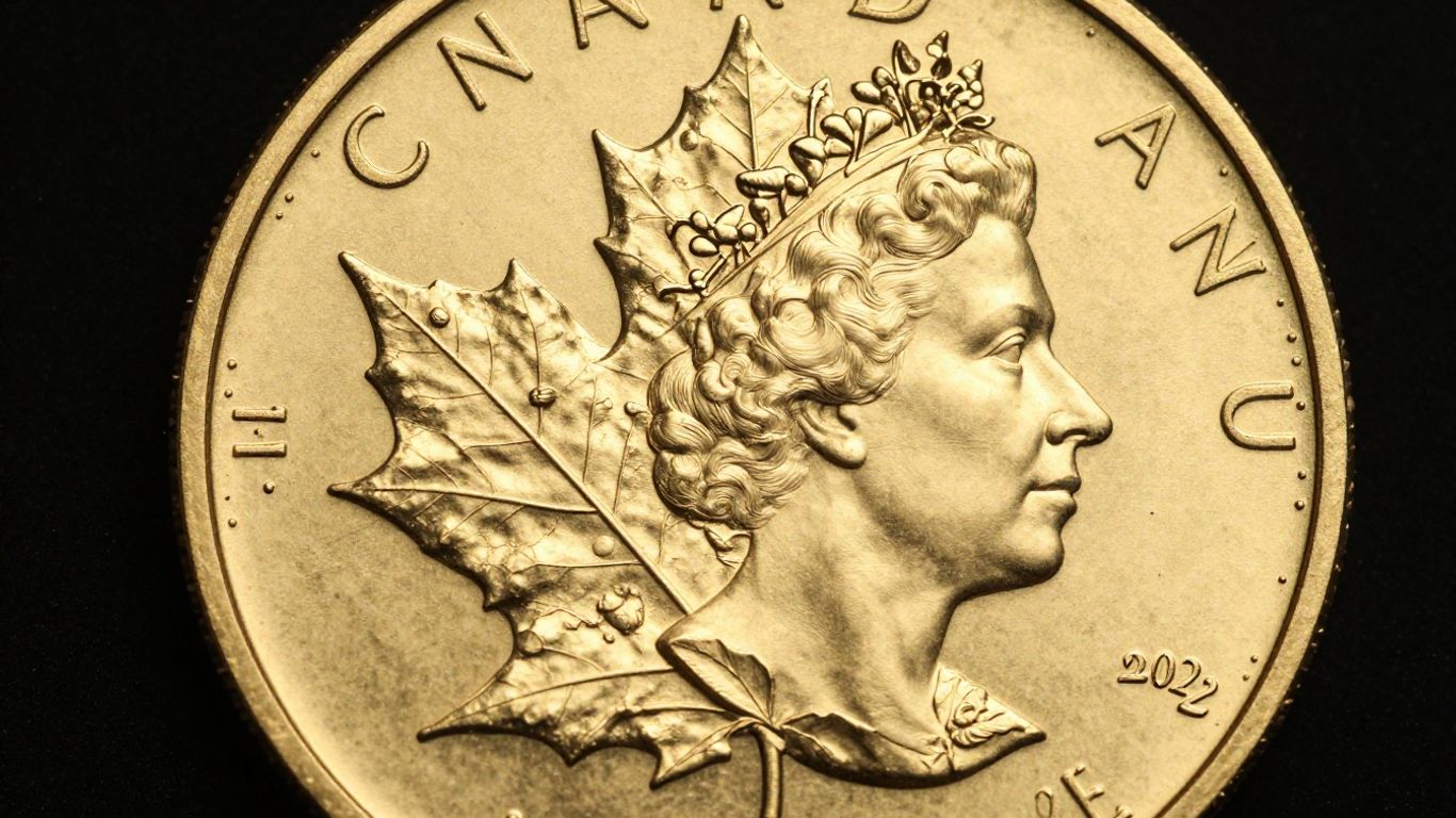 Canadian Maple Leaf gold coin with maple leaf design.