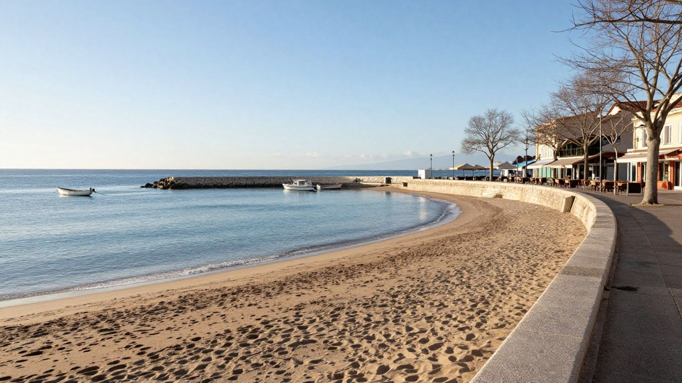 Quiet Cap d'Agde beach and harbor in winter